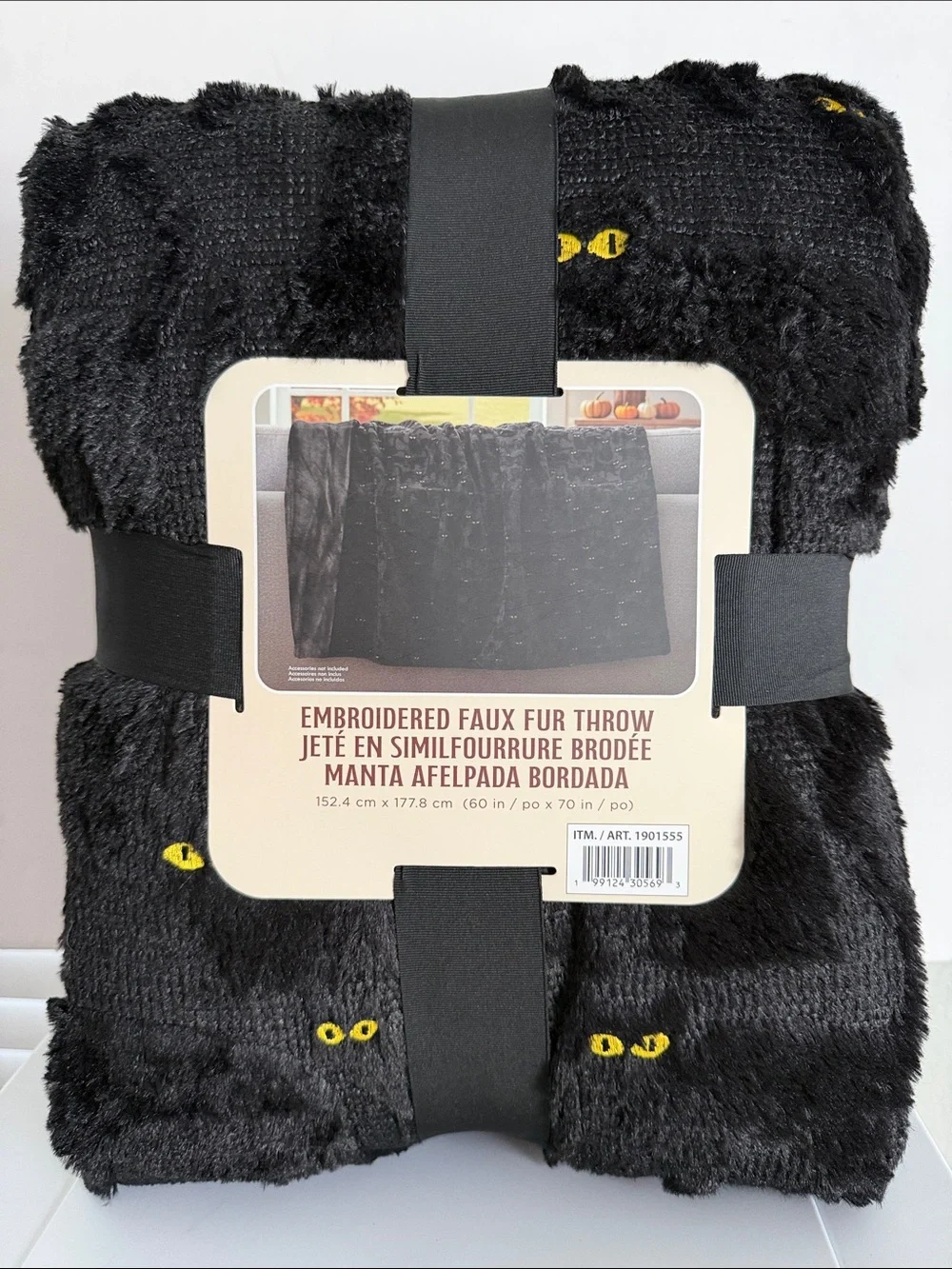 Embroidery Faux Fur Throw Black Cat with yellow Eyes Size 60”x70” New